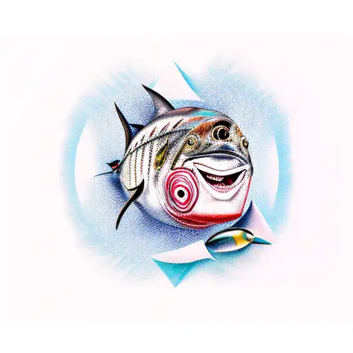 tuna fish with acient writing around it tattoo design idea