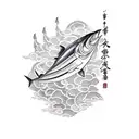 tuna fish with acient writing tattoo design idea