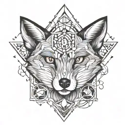 black and white tattoo sketch in the style of minimalism of a fox with a sly look, octagram runes, three moons, crown and diamond tattoo design idea