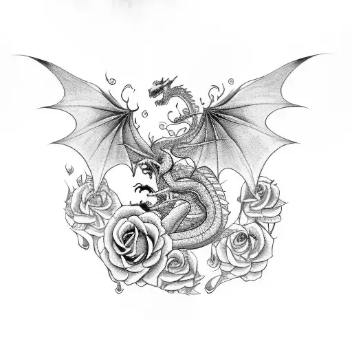 dragon with roses tattoo design idea