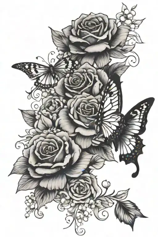 rose, water lily, holly, chrysanthemum, lily of the valley, violet bouquet on half butterfly wing  tattoo design idea