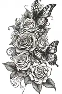 rose, water lily, holly, chrysanthemum, lily of the valley, violet bouquet on half butterfly wing  tattoo design idea