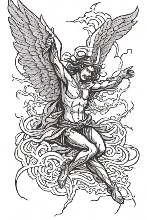 falling angel with lightning storm tattoo design idea