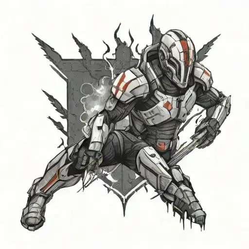 mass effect n7 with dark souls bonfire surrounded tattoo design idea