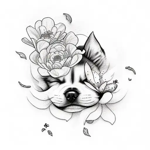 A tattoo of a sleeping dog surrounded by delicate flower petals, symbolizing the client's favorite things - sleeping, dogs, and flowers. tattoo design idea