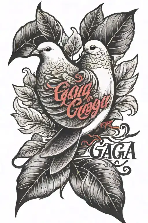dove carrying a leaf with the text "Gaga" underneath in cursive red ink  tattoo design idea