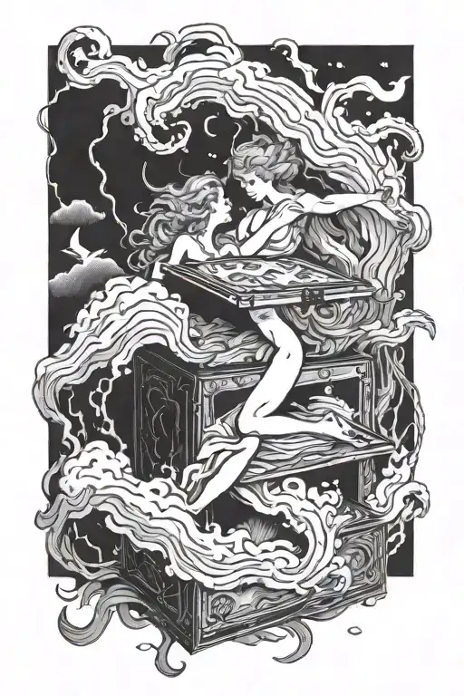 pandora's box being opened with a storm around it and eros and psyche in the storm  tattoo design idea