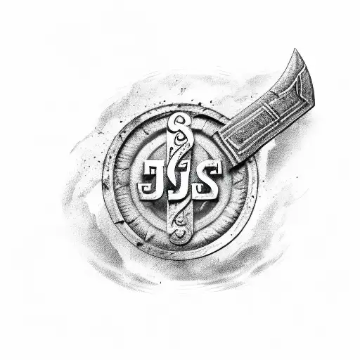 JSW letters in ancient font with kratos axe behind it  tattoo design idea