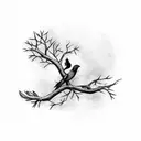 Bird on branch tree and another bird flying tattoo design idea