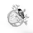 Bird on branch tree and another bird flying tattoo design idea