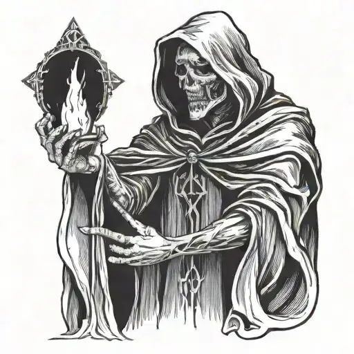 cloaked death standing and holding the deathly hallows tattoo design idea