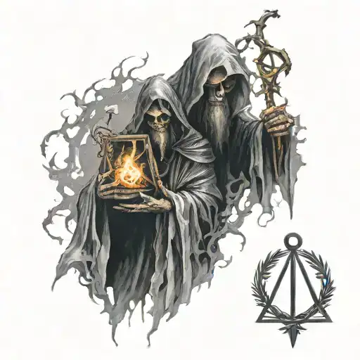 cloaked death standing and holding the deathly hallows tattoo design idea