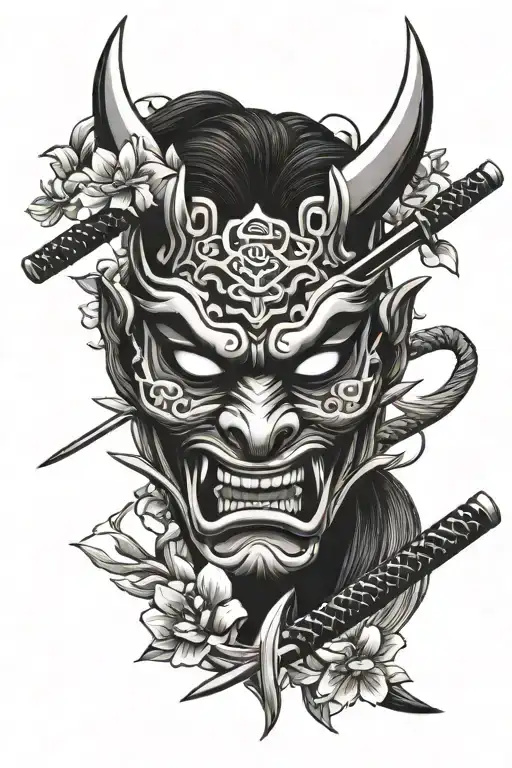 Oni Mask with katana and Sakura blossom tattoo design idea
