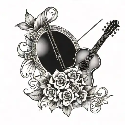 A colorful bouquet of flowers from Nicaragua and Spain intertwined with musical instruments tattoo design idea