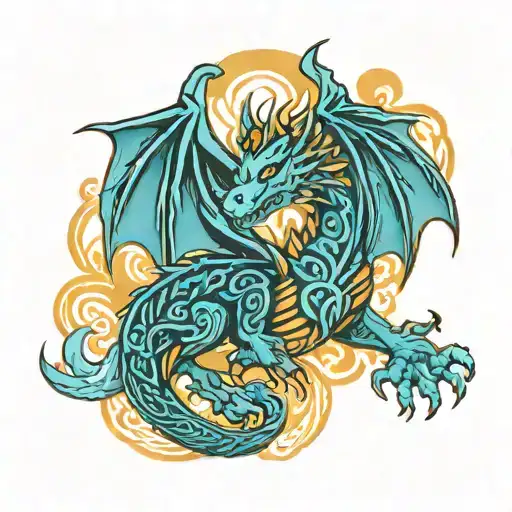 a celtic dragon with Celtic knot designs and clouds/flames background tattoo design idea