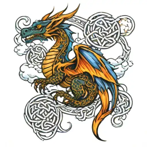 a celtic dragon with Celtic knot designs and clouds/flames background tattoo design idea