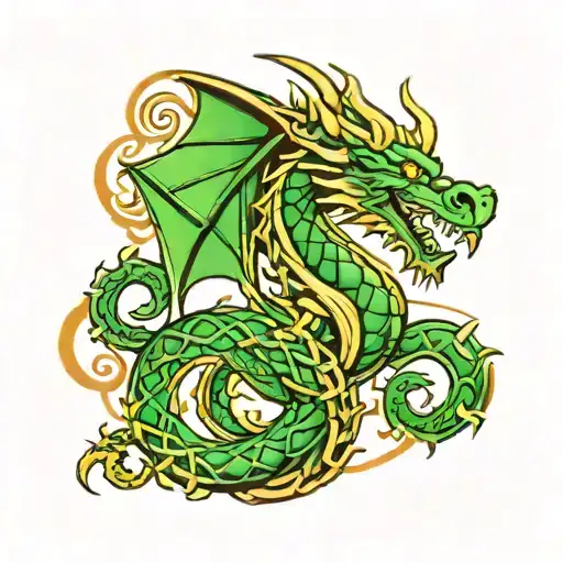 In the traditional style, a celtic dragon with Celtic knot designs and clouds as a tattoo on the bicep, with minimal det tattoo design idea