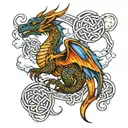 a celtic dragon with Celtic knot designs and clouds/flames background tattoo design idea
