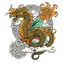 a celtic dragon with Celtic knot designs and clouds/flames background tattoo design idea