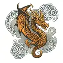 a celtic dragon with Celtic knot designs and clouds/flames background tattoo design idea