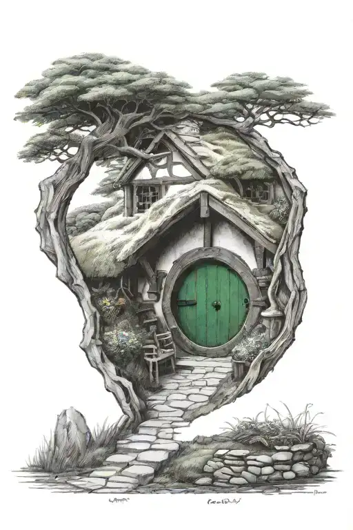 hobbit hole looking into shire bilbo frodo lord tattoo design idea