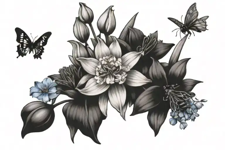 Bouquet of flowers composed of narcissus, daisy, sweet peas, lily of the valley, aster, forget-me-nots, a bee tattoo design idea