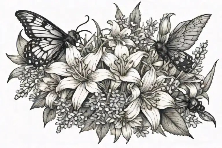 Bouquet of flowers composed of narcissus, daisy, sweet peas, lily of the valley, aster, forget-me-nots, a bee tattoo design idea