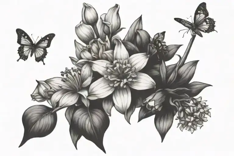 Bouquet of flowers composed of narcissus, daisy, sweet peas, lily of the valley, aster, forget-me-nots, a bee tattoo design idea