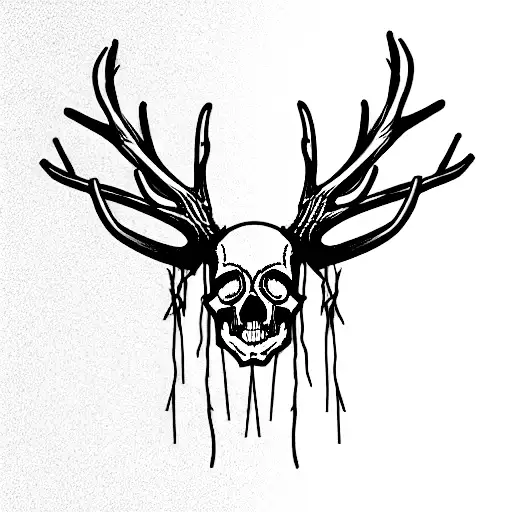 skull with deer antlers wrapped with barbed wire tattoo design idea
