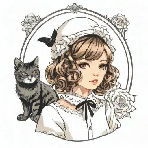 girl with brown wavy bob in monochrome lolita fashion  tattoo design idea