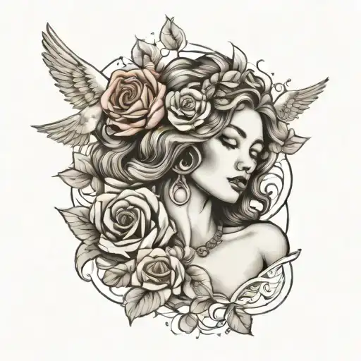 Sexy aphrodite with doves and rose tattoo design idea