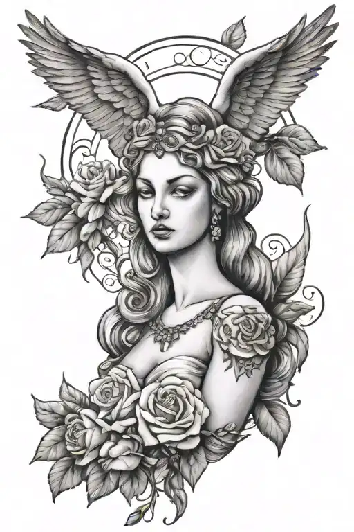Beautiful aphrodite with doves and rose tattoo design idea