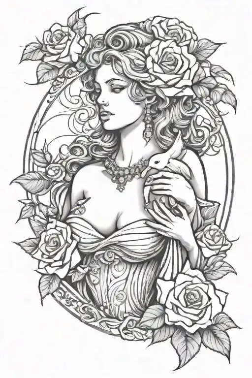 Sexy aphrodite with doves and rose tattoo design idea