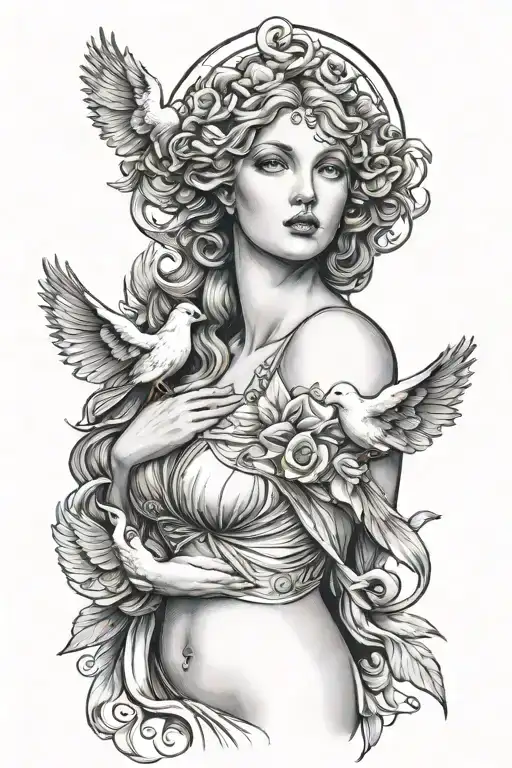 Beautiful aphrodite with doves tattoo design idea