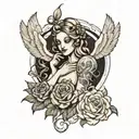 Sexy aphrodite with doves and rose tattoo design idea