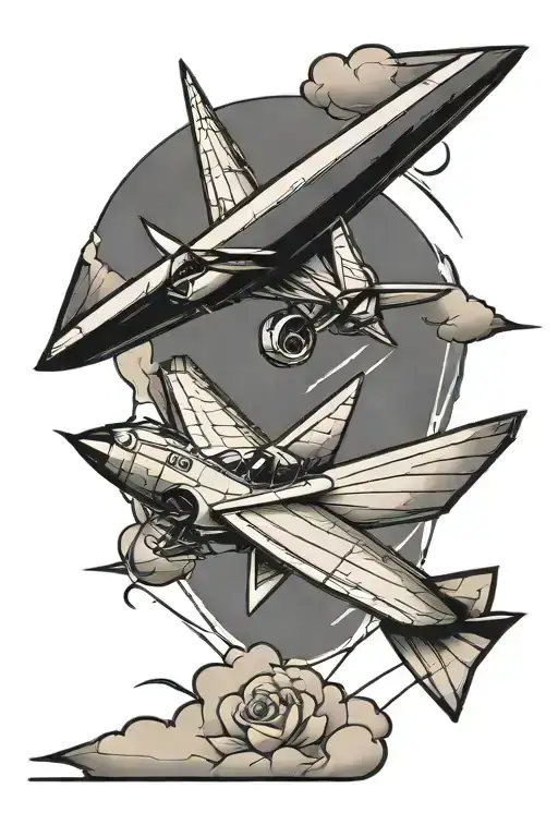 straight line with paper plane in the middle that has shadow of fighter plane   tattoo design idea