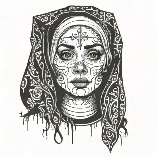 The face of a young and beautiful nun. Her emotions express passion and debauchery tattoo design idea
