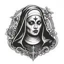 The face of a young and beautiful nun. Her emotions express passion and debauchery. The eyes are narrowed. Mouth open, t tattoo design idea