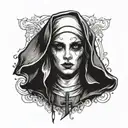 The face of a young and beautiful nun. Her emotions express passion and debauchery. The eyes are narrowed. Mouth open, t tattoo design idea