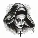 The face of a young and beautiful nun. Her emotions express passion and debauchery. The eyes are narrowed. Mouth open, t tattoo design idea