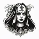 The face of a young and beautiful nun. Her emotions express passion and debauchery. The eyes are narrowed. Mouth open, t tattoo design idea
