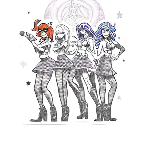 A new-school style tattoo of Scooby Doo and the Hex Girls rocking out on stage together, with a spooky background setting tattoo design idea