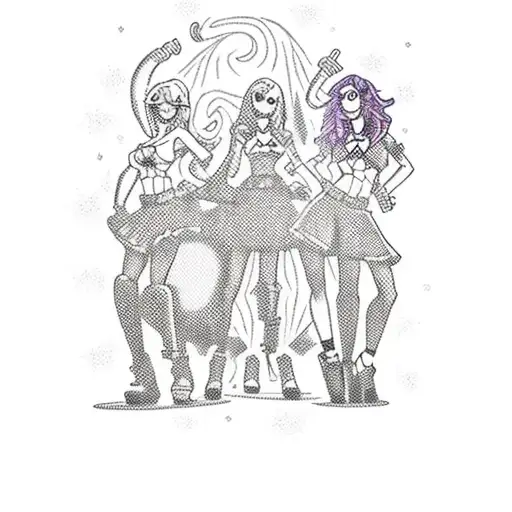 A new-school style tattoo of Scooby Doo and the Hex Girls rocking out on stage together, with a spooky background setting tattoo design idea