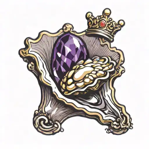 Oyster with pearl inside, diamonds with purple crowns  tattoo design idea