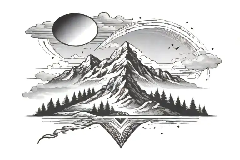 A tattoo design symbolizing moving forward and resilience with a mountain and sun motif tattoo design idea