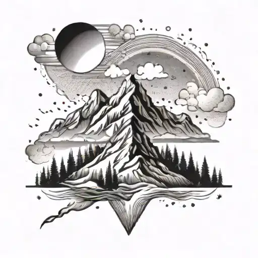 A tattoo design symbolizing moving forward and resilience with a mountain and sun motif tattoo design idea