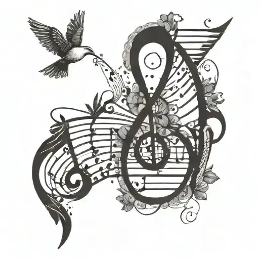 A music-themed tattoo incorporating elements of freedom, such as birds flying out of a musical note tattoo design idea