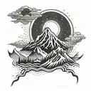 A tattoo design symbolizing moving forward and resilience with a mountain and sun motif tattoo design idea