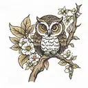 small owl on a branch with flowers for wrist tattoo design idea