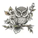 small owl on a branch with flowers for wrist tattoo design idea